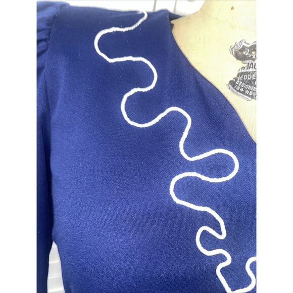 Vtg 80s Whirlaway Frocks Navy 3/4 Sleeves Pleated Belted Fit & Flare Dress Sz 10 - Picture 4 of 10